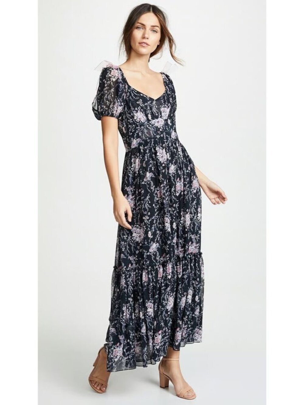 LoveShackFancy Angie Navy Cosmos Silk Floral Midi Dress 4 Shoulder Bows Slit